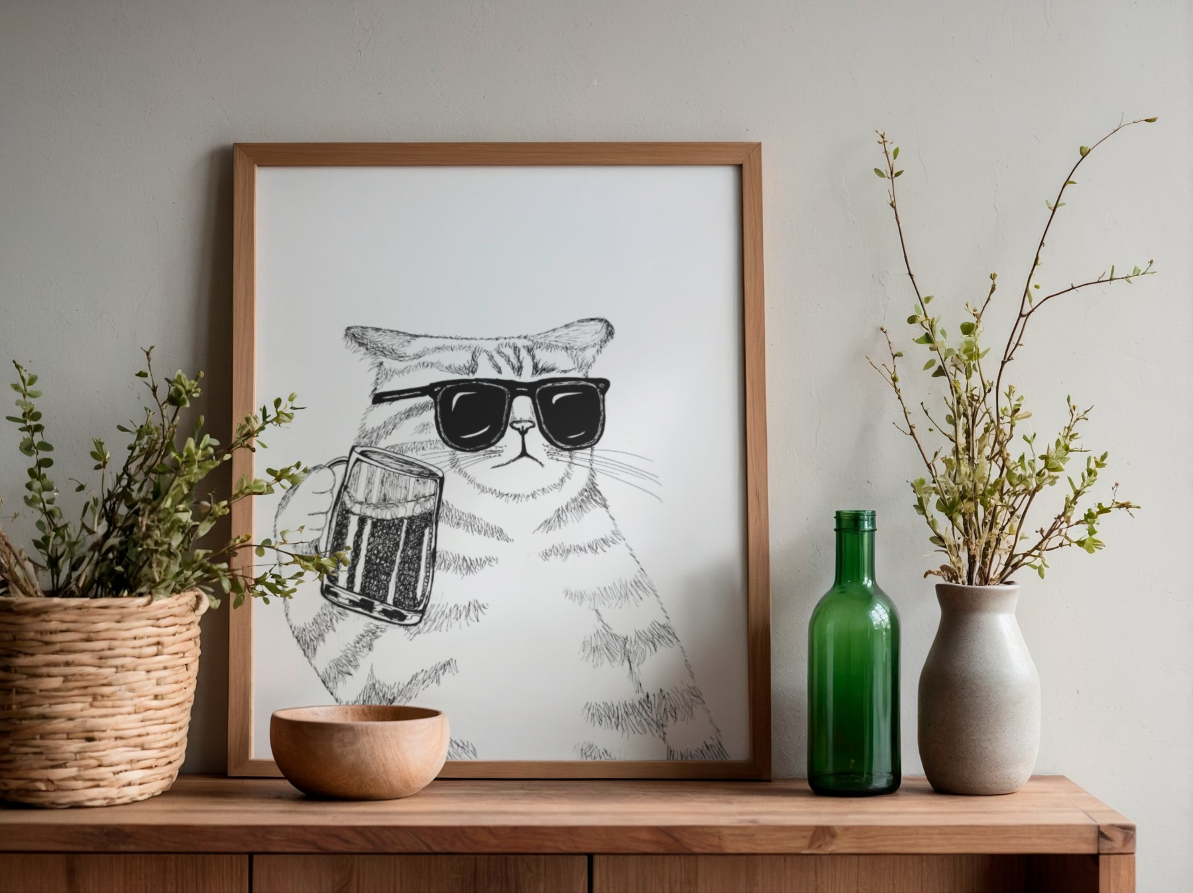 framed drawing of cat holding beer