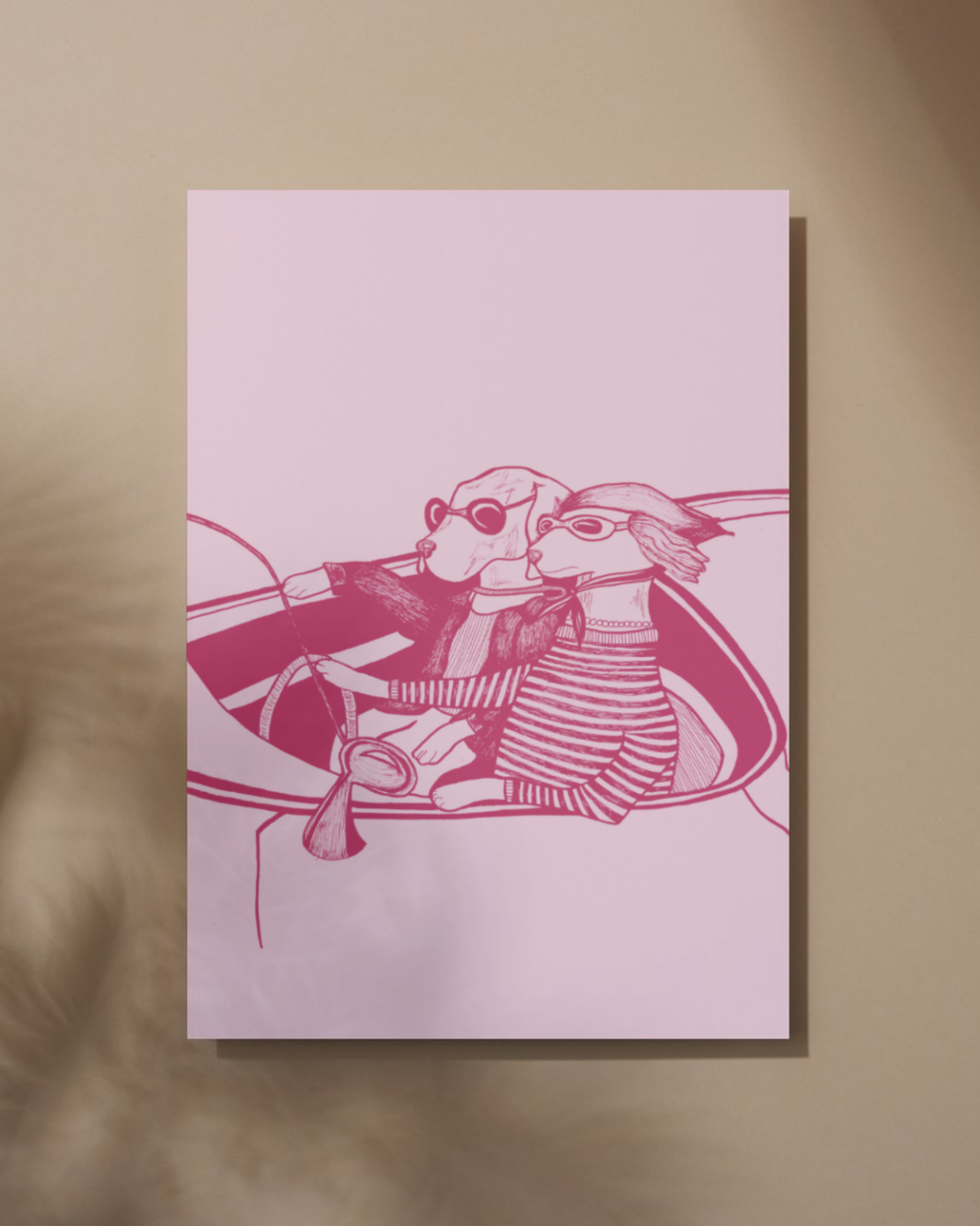 Pink poster with a graphic design of two dogs in a bathtub on a beige wall.